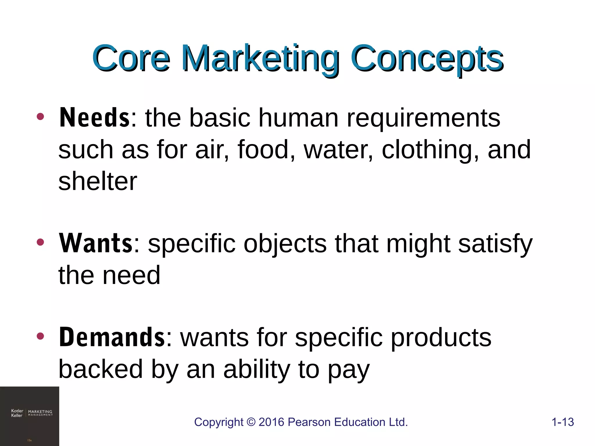 Core Marketing ConceptsCore Marketing Concepts
• Needs: the basic human requirements
such as for air, food, water, clothing, and
shelter
• Wants: specific objects that might satisfy
the need
• Demands: wants for specific products
backed by an ability to pay
COPYRIGHT © 2016 PEARSON EDUCATION, INC. 1-13Copyright © 2016 Pearson Education Ltd. 1-13
 