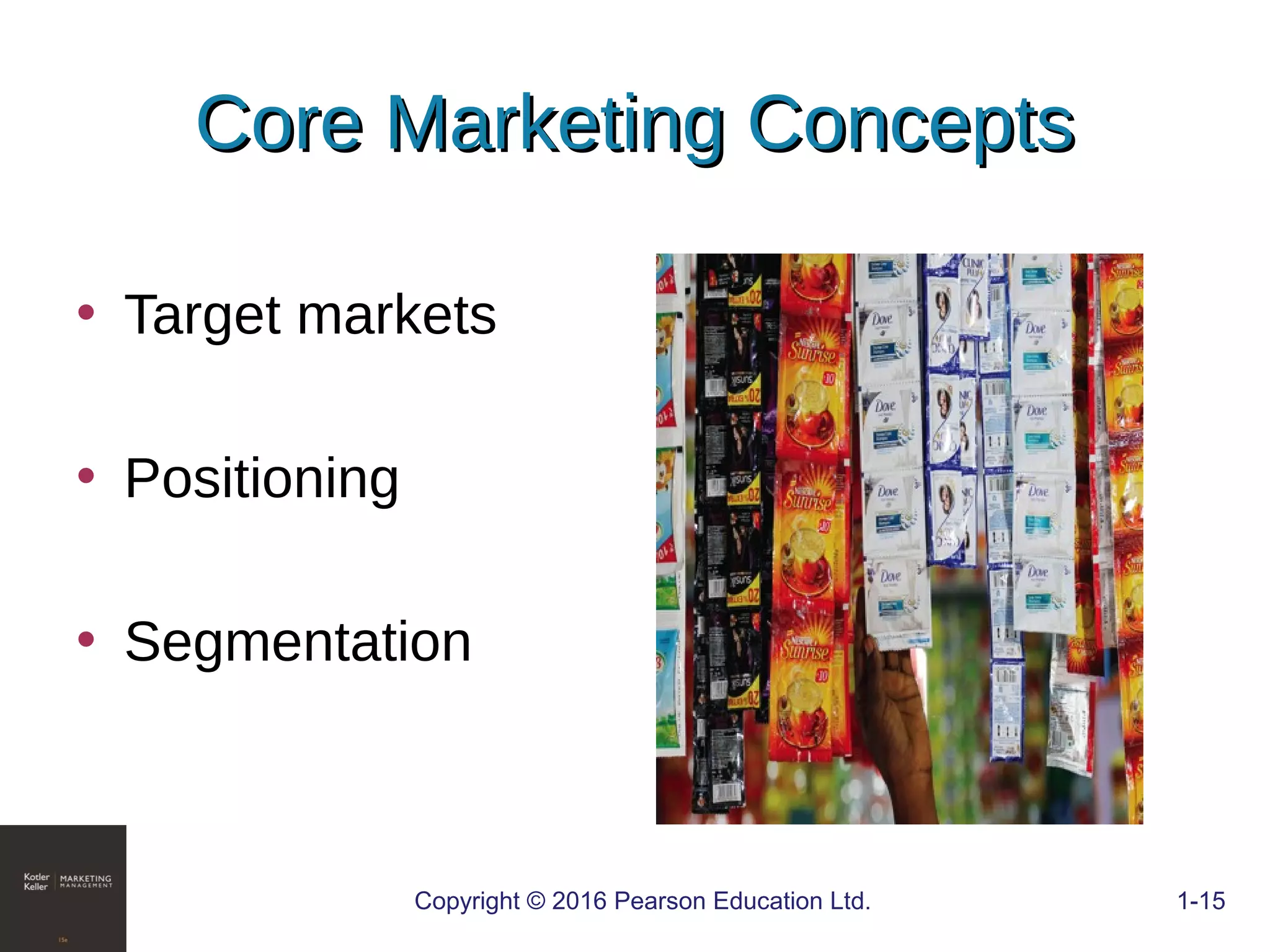 • Target markets
• Positioning
• Segmentation
COPYRIGHT © 2016 PEARSON EDUCATION, INC. 1-15Copyright © 2016 Pearson Education Ltd. 1-15
Core Marketing ConceptsCore Marketing Concepts
 