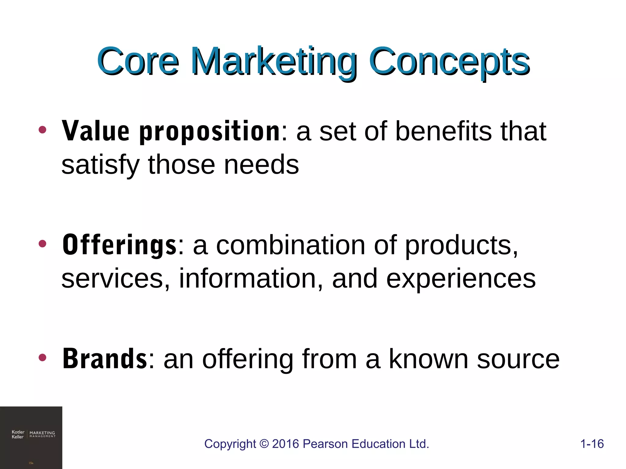 • Value proposition: a set of benefits that
satisfy those needs
• Offerings: a combination of products,
services, information, and experiences
• Brands: an offering from a known source
COPYRIGHT © 2016 PEARSON EDUCATION, INC. 1-16Copyright © 2016 Pearson Education Ltd. 1-16
Core Marketing ConceptsCore Marketing Concepts
 