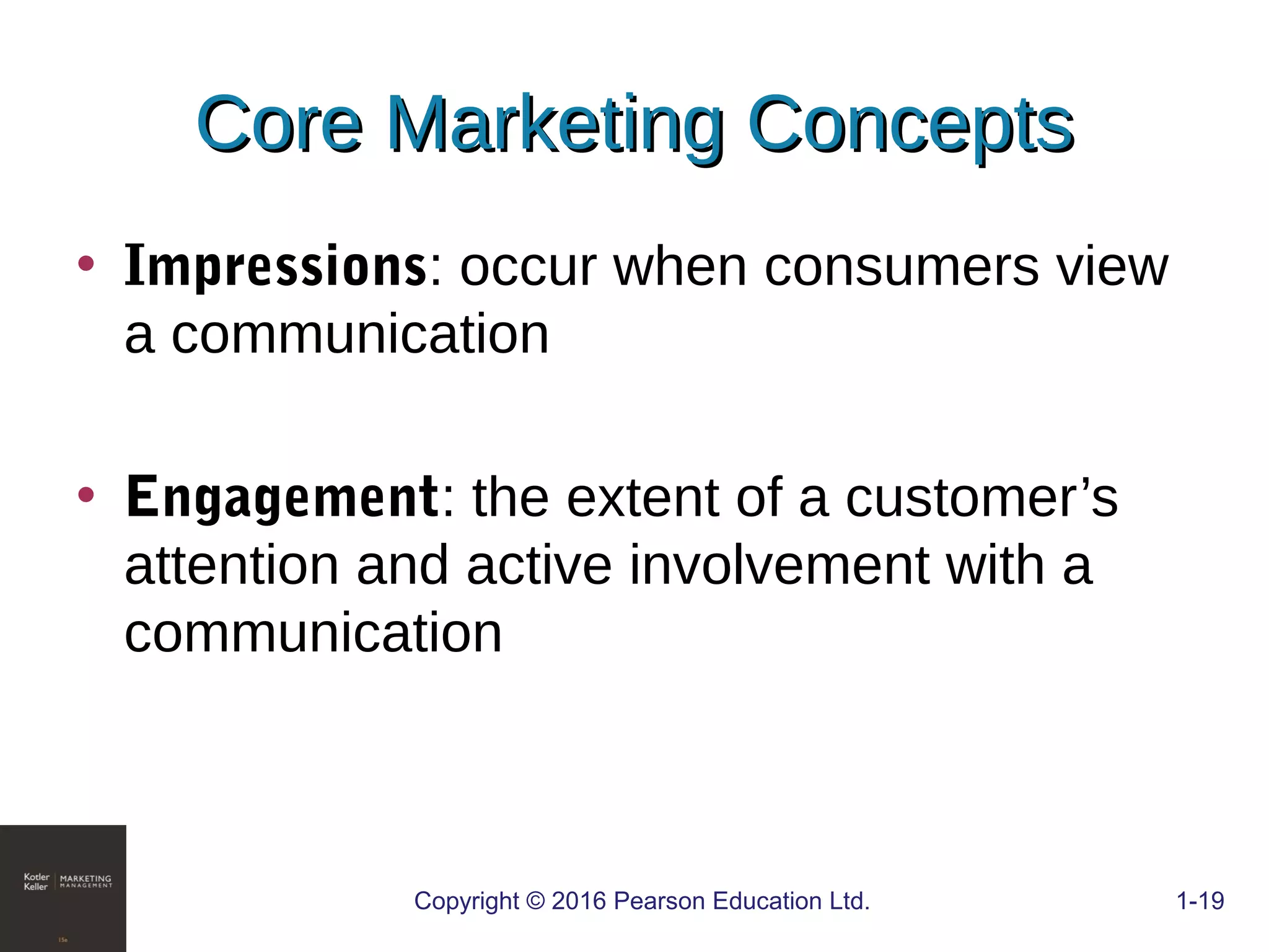 • Impressions: occur when consumers view
a communication
• Engagement: the extent of a customer’s
attention and active involvement with a
communication
COPYRIGHT © 2016 PEARSON EDUCATION, INC. 1-19Copyright © 2016 Pearson Education Ltd. 1-19
Core Marketing ConceptsCore Marketing Concepts
 