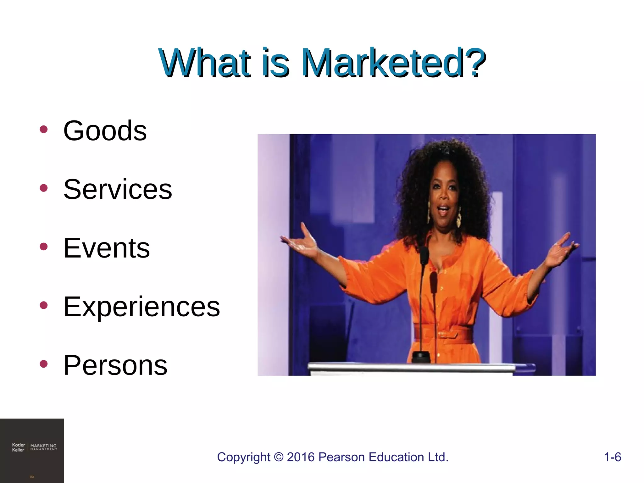 What is Marketed?What is Marketed?
• Goods
• Services
• Events
• Experiences
• Persons
COPYRIGHT © 2016 PEARSON EDUCATION, INC. 1-6Copyright © 2016 Pearson Education Ltd. 1-6
 