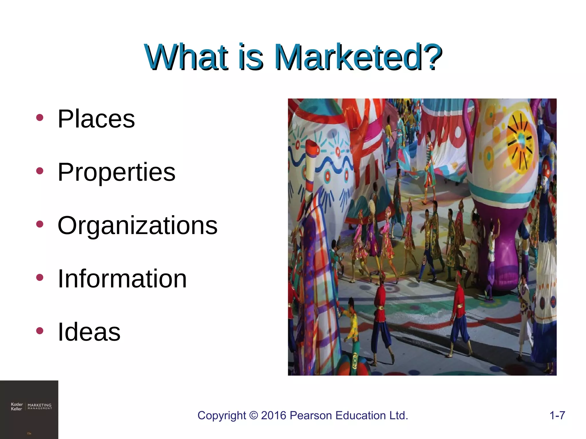 • Places
• Properties
• Organizations
• Information
• Ideas
COPYRIGHT © 2016 PEARSON EDUCATION, INC. 1-7Copyright © 2016 Pearson Education Ltd. 1-7
What is Marketed?What is Marketed?
 