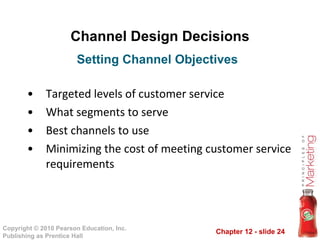 Channel Design Decisions Targeted levels of customer service What segments to serve Best channels to use Minimizing the cost of meeting customer service requirements Setting Channel Objectives 