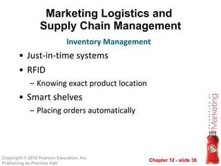 Marketing Logistics and  Supply Chain Management Just-in-time systems RFID Knowing exact product location Smart shelves Placing orders automatically Inventory Management 