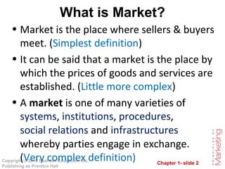 Chapter 1- slide 2
Copyright © 2010 Pearson Education, Inc.
Publishing as Prentice Hall
What is Market?
• Market is the place where sellers & buyers
meet. (Simplest definition)
• It can be said that a market is the place by
which the prices of goods and services are
established. (Little more complex)
• A market is one of many varieties of
systems, institutions, procedures,
social relations and infrastructures
whereby parties engage in exchange.
(Very complex definition)
 