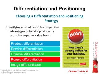 Differentiation and Positioning Identifying a set of possible competitive advantages to build a position by providing superior value from: Choosing a Differentiation and Positioning Strategy 