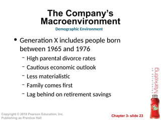 Chapter 3- slide 23
Copyright © 2010 Pearson Education, Inc.
Publishing as Prentice Hall
The Company’s
Macroenvironment
• Generation X includes people born
between 1965 and 1976
– High parental divorce rates
– Cautious economic outlook
– Less materialistic
– Family comes first
– Lag behind on retirement savings
Demographic Environment
 