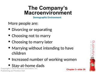 Chapter 3- slide 26
Copyright © 2010 Pearson Education, Inc.
Publishing as Prentice Hall
The Company’s
Macroenvironment
More people are:
• Divorcing or separating
• Choosing not to marry
• Choosing to marry later
• Marrying without intending to have
children
• Increased number of working women
• Stay-at-home dads
Demographic Environment
 