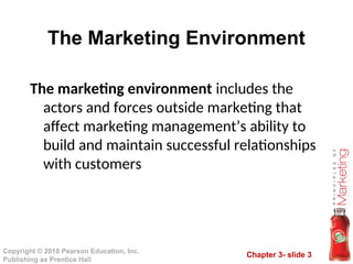Chapter 3- slide 3
Copyright © 2010 Pearson Education, Inc.
Publishing as Prentice Hall
The Marketing Environment
The marketing environment includes the
actors and forces outside marketing that
affect marketing management’s ability to
build and maintain successful relationships
with customers
 