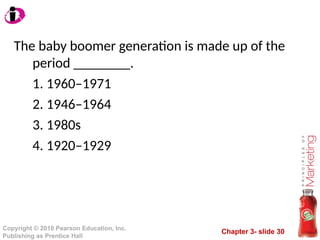 Chapter 3- slide 30
Copyright © 2010 Pearson Education, Inc.
Publishing as Prentice Hall
The baby boomer generation is made up of the
period ________.
1. 1960–1971
2. 1946–1964
3. 1980s
4. 1920–1929
 