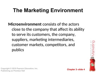 Chapter 3- slide 4
Copyright © 2010 Pearson Education, Inc.
Publishing as Prentice Hall
The Marketing Environment
Microenvironment consists of the actors
close to the company that affect its ability
to serve its customers, the company,
suppliers, marketing intermediaries,
customer markets, competitors, and
publics
 