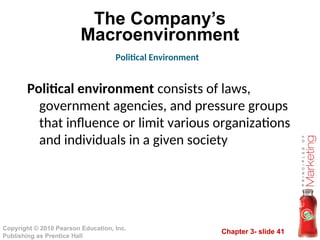 Chapter 3- slide 41
Copyright © 2010 Pearson Education, Inc.
Publishing as Prentice Hall
The Company’s
Macroenvironment
Political environment consists of laws,
government agencies, and pressure groups
that influence or limit various organizations
and individuals in a given society
Political Environment
 
