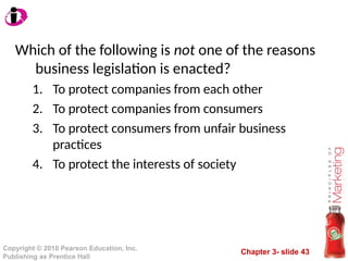 Chapter 3- slide 43
Copyright © 2010 Pearson Education, Inc.
Publishing as Prentice Hall
Which of the following is not one of the reasons
business legislation is enacted?
1. To protect companies from each other
2. To protect companies from consumers
3. To protect consumers from unfair business
practices
4. To protect the interests of society
 
