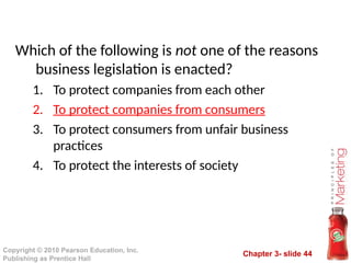 Chapter 3- slide 44
Copyright © 2010 Pearson Education, Inc.
Publishing as Prentice Hall
Which of the following is not one of the reasons
business legislation is enacted?
1. To protect companies from each other
2. To protect companies from consumers
3. To protect consumers from unfair business
practices
4. To protect the interests of society
 
