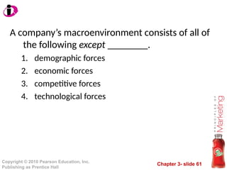 Chapter 3- slide 61
Copyright © 2010 Pearson Education, Inc.
Publishing as Prentice Hall
A company’s macroenvironment consists of all of
the following except ________.
1. demographic forces
2. economic forces
3. competitive forces
4. technological forces
 