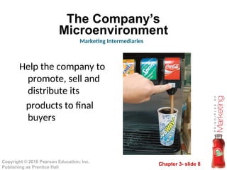 Chapter 3- slide 8
Copyright © 2010 Pearson Education, Inc.
Publishing as Prentice Hall
The Company’s
Microenvironment
Help the company to
promote, sell and
distribute its
products to final
buyers
Marketing Intermediaries
 