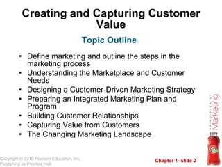 Chapter 1- slide 2
Copyright © 2010 Pearson Education, Inc.
Publishing as Prentice Hall
Creating and Capturing Customer
Value
• Define marketing and outline the steps in the
marketing process
• Understanding the Marketplace and Customer
Needs
• Designing a Customer-Driven Marketing Strategy
• Preparing an Integrated Marketing Plan and
Program
• Building Customer Relationships
• Capturing Value from Customers
• The Changing Marketing Landscape
Topic Outline
 