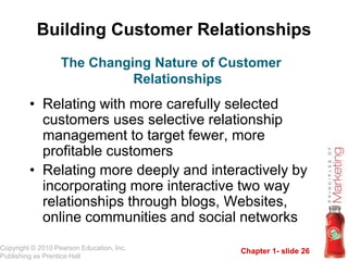 Chapter 1- slide 26
Copyright © 2010 Pearson Education, Inc.
Publishing as Prentice Hall
Building Customer Relationships
• Relating with more carefully selected
customers uses selective relationship
management to target fewer, more
profitable customers
• Relating more deeply and interactively by
incorporating more interactive two way
relationships through blogs, Websites,
online communities and social networks
The Changing Nature of Customer
Relationships
 