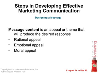 Chapter 14 - slide 15
Copyright © 2010 Pearson Education, Inc.
Publishing as Prentice Hall
Steps in Developing Effective
Marketing Communication
Message content is an appeal or theme that
will produce the desired response
• Rational appeal
• Emotional appeal
• Moral appeal
Designing a Message
 