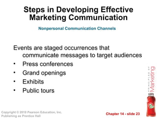 Chapter 14 - slide 23
Copyright © 2010 Pearson Education, Inc.
Publishing as Prentice Hall
Steps in Developing Effective
Marketing Communication
Events are staged occurrences that
communicate messages to target audiences
• Press conferences
• Grand openings
• Exhibits
• Public tours
Nonpersonal Communication Channels
 
