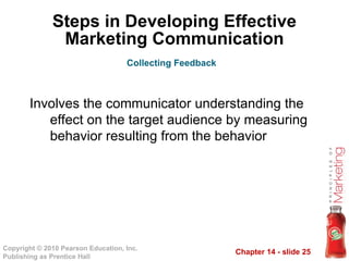Chapter 14 - slide 25
Copyright © 2010 Pearson Education, Inc.
Publishing as Prentice Hall
Steps in Developing Effective
Marketing Communication
Involves the communicator understanding the
effect on the target audience by measuring
behavior resulting from the behavior
Collecting Feedback
 