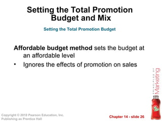 Chapter 14 - slide 26
Copyright © 2010 Pearson Education, Inc.
Publishing as Prentice Hall
Setting the Total Promotion
Budget and Mix
Affordable budget method sets the budget at
an affordable level
• Ignores the effects of promotion on sales
Setting the Total Promotion Budget
 