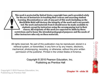 Chapter 14 - slide 36
Copyright © 2010 Pearson Education, Inc.
Publishing as Prentice Hall
All rights reserved. No part of this publication may be reproduced, stored in a
retrieval system, or transmitted, in any form or by any means, electronic,
mechanical, photocopying, recording, or otherwise, without the prior written
permission of the publisher. Printed in the United States of America.
Copyright © 2010 Pearson Education, Inc.
Copyright © 2010 Pearson Education, Inc.
Publishing as Prentice Hall
Publishing as Prentice Hall
 