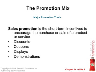 Chapter 14 - slide 5
Copyright © 2010 Pearson Education, Inc.
Publishing as Prentice Hall
The Promotion Mix
Sales promotion is the short-term incentives to
encourage the purchase or sale of a product
or service
• Discounts
• Coupons
• Displays
• Demonstrations
Major Promotion Tools
 