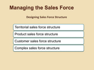 Managing the Sales Force
Territorial sales force structure
Product sales force structure
Customer sales force structure
Complex sales force structure
Designing Sales Force Structure
 