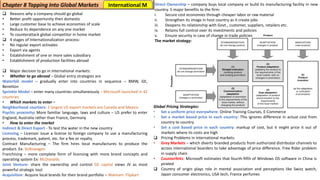 ❑ Reasons why a company should go global
• Better profit opportunity then domestic
• Large customer base to achieve economies of scale
• Reduce its dependence on any one market
• To counterattack global competitor in home market
❑ 4 stages of Internationalization process:
• No regular export activates
• Export via agents
• Establishment of one or more sales subsidiary
• Establishment of production facilities abroad
❑ Major decision to go in international markets:
• Whether to go abroad – Global entry strategies are
Waterfall model – gradually enter into countries in sequence – BMW, GE,
Benetton
Sprinkle Model – enter many countries simultaneously – Microsoft launched in 42
countries
• Which markets to enter –
Neighborhood courtiers: 2 largest US export markets are Canada and Mexico
Psychic proximity: More familiar language, laws and culture – US prefer to enter
England, Australia rather than France, Germany
• How to enter the market
Indirect & Direct Export - To test the water in the new country
Licensing – Licensor issue a license to foreign company to use a manufacturing
process, trademark, patent, etc. for a fee or royalty
Contract Manufacturing – The firm hires local manufactures to produce the
product. Ex: Volkswagen
Franchising – more complete form of licensing with more brand concepts and
operating system Ex: McDonalds
Joint Venture- share the ownership and control GE capital views JV as most
powerful strategic tool
Acquisition: Acquire local brands for their brand portfolio – Walmart- Flipkart
Direct Ownership – company buys local company or build its manufacturing facility in new
country. 5 major benefits to the firm:
i. Secure cost economies through cheaper labor or raw material
ii. Strengthen its image in host country as it create jobs
iii. Deepens its relationship with Govt., customer, suppliers, retailers etc.
iv. Retains full control over its investments and policies
v. Ensure security in case of change in trade policies
The market strategy:
Chapter 8 Tapping Into Global Markets
Global Pricing Strategies:
• Set a uniform price everywhere: Online Training Courses, E-Commerce
• Set a market based price in each country: This ignores difference in actual cost from
country to country
• Set a cost based price in each country: markup of cost, but it might price it out of
markets where its costs are high
❑ Pricing Problems in International markets:
• Grey Markets – which diverts branded products from authorized distributor channels to
across international boarders to take advantage of price difference. Free Rider problem
in supply chain
• Counterfeits: Microsoft estimates that fourth-fifth of Windows OS software in China is
pirated
❑ Country of origin plays role in mental association and perceptions like Swizz watch,
Japan consumer electronics, USA tech, France perfumes
International M
 