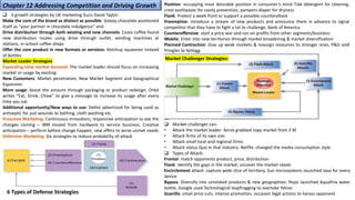 Market Challenger Strategies:
6 Types of Defense Strategies
❑ 3 growth strategies by UK marketing Guru David Taylor:
Make the core of the brand as distinct as possible: Galaxy chocolate positioned
itself as “your partner in chocolate indulgence” and
Drive distribution through both existing and new channels: Costa coffee found
new distribution routes using drive through outlet, vending machines at
stations, in-school coffee shops
Offer the core product in new formats or versions: Ketchup squeezier instead
of bottles
Market Leader Strategies
Expanding total market demand: The market leader should focus on increasing
market or usage by existing:
New Customers: Market penetration, New Market Segment and Geographical
Expansion
More usage: boost the amount through packaging or product redesign, Orbit
writes “Eat, Drink, Chew” to give a message to increase its usage after every
time you eat
Additional opportunity/New ways to use: Dettol advertised for being used as
antiseptic for just wounds to bathing, cloth washing etc.
Proactive Marketing: Continuous innovation, responsive anticipation to see the
changes coming – IBM moved from hardware to service business, Creative
anticipation – perform before change happen, new offers to serve unmet needs
Defensive Marketing: Six strategies to reduce probability of attack
Chapter 12 Addressing Competition and Driving Growth Position: occupying most desirable position in consumer’s mind Tide detergent for cleaning,
crest toothpaste for cavity prevention, pampers diaper for dryness
Flank: Protect a week front or support a possible counterattack
Preemptive: introduce a stream of new products and announce them in advance to signal
competitor that they have to fight a lot to challenge. Bank of America
Counteroffensive: start a price war and run on profits from other segments/business
Mobile: Enter into new territories through market broadening & market diversification
Planned Contraction: Give up weak markets & reassign resources to stronger ones, P&G sold
Pringles to Kellogg
❑ Market challenger can:
• Attack the market leader: Xerox grabbed copy market from 3 M
• Attack firms of its own size
• Attack small local and regional firms
• Attack status Quo in that industry: Netflix changed the media consumption style
❑ Types of Attack:
Frontal: match opponents product, price, distribution
Flank: identify the gaps in the market, uncover the market needs
Encirclement attack: capture wide slice of territory, Sun microsystems launched Java for every
device
Bypass: Diversify into unrelated products & new geographies: Pepsi launched Aquafina water
bottle, Google used Technological leapfrogging to overtake Yahoo
Guerilla: small price cuts, intense promotion, occasion legal actions to harass opponent
 