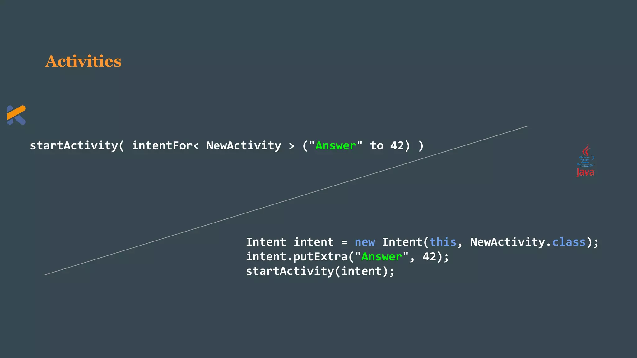 Activities
startActivity( intentFor< NewActivity > ("Answer" to 42) )
Intent intent = new Intent(this, NewActivity.class);
intent.putExtra("Answer", 42);
startActivity(intent);
 