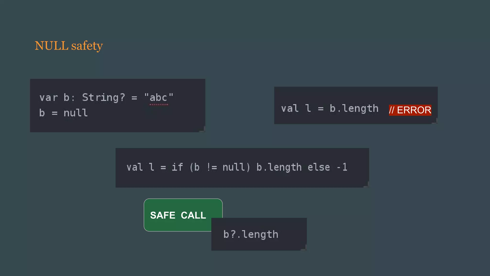 // ERROR
SAFE CALL
NULL safety
 