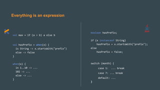 Everything is an expression
val max = if (a > b) a else b
val hasPrefix = when(x) {
is String -> x.startsWith("prefix")
else -> false
}
when(x) {
in 1..10 -> ...
102 -> ...
else -> ...
}
boolean hasPrefix;
if (x instanceof String)
hasPrefix = x.startsWith("prefix");
else
hasPrefix = false;
switch (month) {
case 1: ... break
case 7: ... break
default: ...
}
 