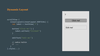 Dynamic Layout
scrollView {
linearLayout(LinearLayout.VERTICAL) {
val label = textView("?")
button("Click me!") {
label.setText("Clicked!")
}
editText("Edit me!")
// codice koltin
// ...
}
}.style(...)
?
Click me!
Edit me!
 