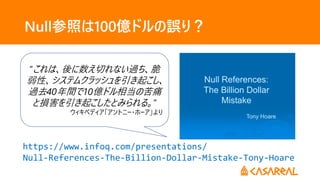 Null参照は100億ドルの誤り？
https://www.infoq.com/presentations/
Null-References-The-Billion-Dollar-Mistake-Tony-Hoare
”これは、後に数え切れない過ち、脆
弱性、システムクラッシュを引き起こし、
過去40年間で10億ドル相当の苦痛
と損害を引き起こしたとみられる。”
ウィキペディア「アントニー・ホーア」より
 
