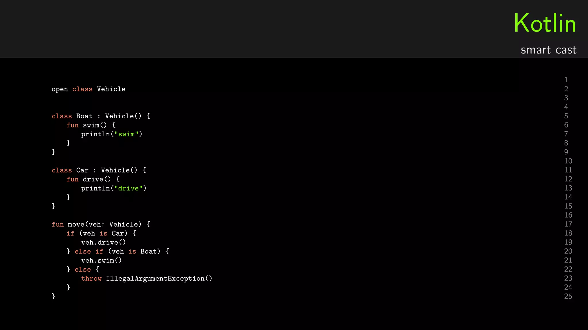 Kotlin
smart cast
1
2open class Vehicle
3
4
5class Boat : Vehicle() {
6fun swim() {
7println("swim")
8}
9}
10
11class Car : Vehicle() {
12fun drive() {
13println("drive")
14}
15}
16
17fun move(veh: Vehicle) {
18if (veh is Car) {
19veh.drive()
20} else if (veh is Boat) {
21veh.swim()
22} else {
23throw IllegalArgumentException()
24}
25}
 