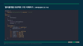 2022 INFCON
멀티플랫폼 프로젝트 구조 이해하기 : 그레이들 플러그인 구성
plugins {
kotlin("multiplatform") version "1.6.21"
}
kotlin {
jvm {
withJava()
}
js(IR) {
binaries.executable()
browser { ... }
}
sourceSets {
val commonMain by getting {
dependencies { ... }
}
val commonTest by getting
val jsMain by getting
val jsTest by getting
val jvmMain by getting
val jvmTest by getting
}
}
https://kotlinlang.org/docs/multiplatform-dsl-reference.html
!
 