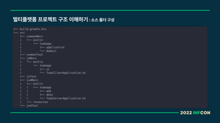 2022 INFCON
멀티플랫폼 프로젝트 구조 이해하기 : 소스 폴더 구성
"## build.gradle.kts
$## src
"## commonMain
%   $## kotlin
%      $## todoapp
%      "## application
%      $## domain
"## commonTest
"## jsMain
%   $## kotlin
%      $## todoapp
%      "## ui
%      $## TodoClientApplication.kt
"## jsTest
"## jvmMain
%   "## kotlin
%   %   $## todoapp
%   %   "## web
%   %   "## data
%   %   $## TodoServerApplication.kt
%   $## resources
$## jvmTest
 
