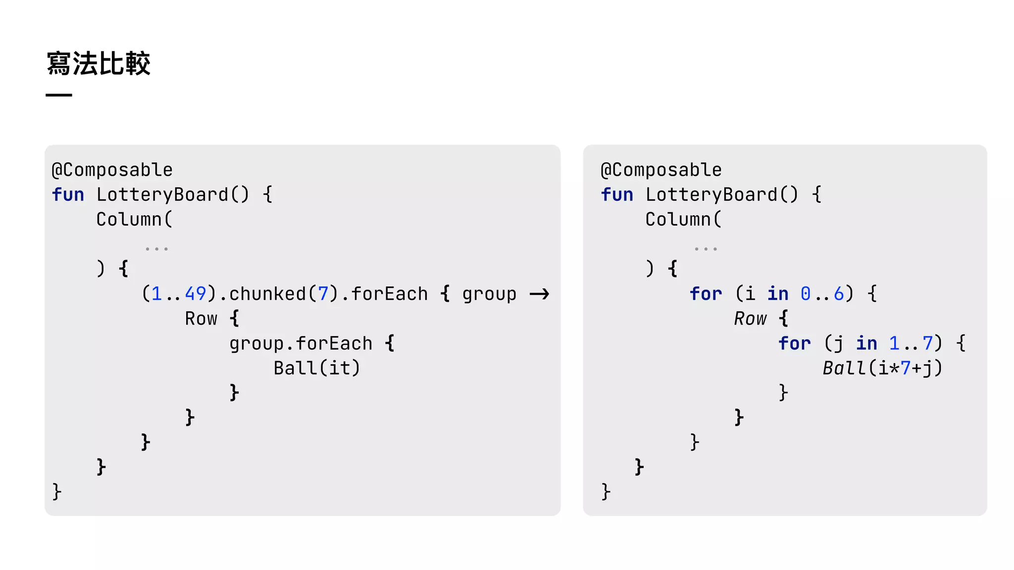 寫法比較
—
@Composable
fun LotteryBoard() {
Column(
!!#
) {
for (i in 0!$6) {
Row {
for (j in 1!$7) {
Ball(i*7+j)
}
}
}
}
}
@Composable
fun LotteryBoard() {
Column(
!!#
) {
(1!$49).chunked(7).forEach { group !"
Row {
group.forEach {
Ball(it)
}
}
}
}
}
 