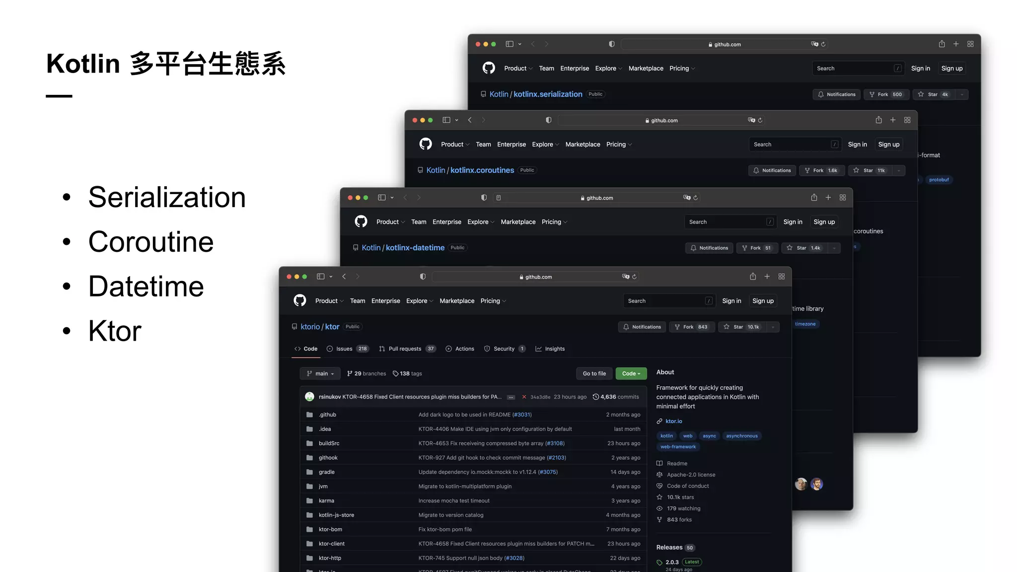 • Serialization
• Coroutine
• Datetime
• Ktor
Kotlin 多平台⽣態系
—
 
