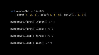 val numberSet = listOf(
setOf(1, 2, 3), setOf(4, 5, 6), setOf(7, 8, 9))
numberSet.first().first() // 1
numberSet.first().last() // 3
numberSet.last().first() // 7
numberSet.last().last() // 9
 