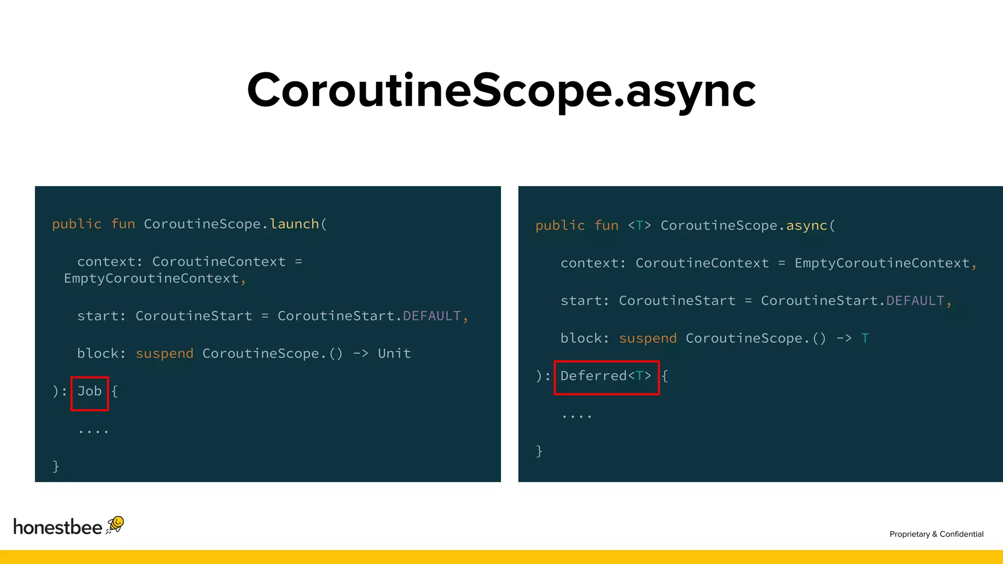 public fun <T> CoroutineScope.async(
context: CoroutineContext = EmptyCoroutineContext,
start: CoroutineStart = CoroutineStart.DEFAULT,
block: suspend CoroutineScope.() -> T
): Deferred<T> {
....
}
public fun CoroutineScope.launch(
context: CoroutineContext =
EmptyCoroutineContext,
start: CoroutineStart = CoroutineStart.DEFAULT,
block: suspend CoroutineScope.() -> Unit
): Job {
....
}
 
