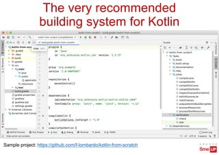 The very recommended
building system for Kotlin
Sample project: https://github.com/f-lombardo/kotlin-from-scratch
 