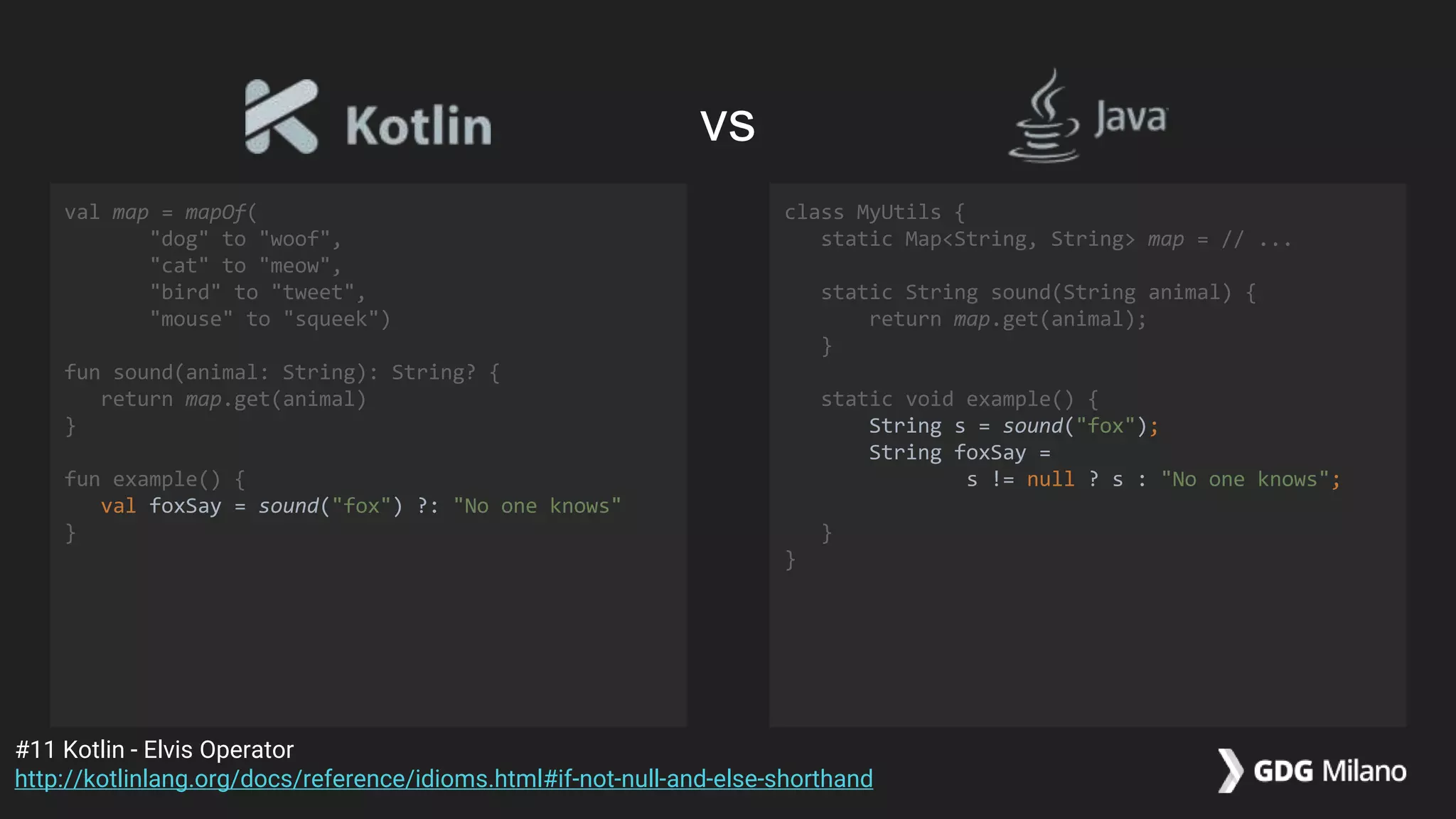 val map = mapOf(
"dog" to "woof",
"cat" to "meow",
"bird" to "tweet",
"mouse" to "squeek")
fun sound(animal: String): String? {
return map.get(animal)
}
fun example() {
val foxSay = sound("fox") ?: "No one knows"
}
class MyUtils {
static Map<String, String> map = // ...
static String sound(String animal) {
return map.get(animal);
}
static void example() {
String s = sound("fox");
String foxSay =
s != null ? s : "No one knows";
}
}
#11 Kotlin - Elvis Operator
http://kotlinlang.org/docs/reference/idioms.html#if-not-null-and-else-shorthand
vs
 
