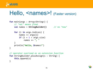 Hello, <names>!  (Faster version) fun  main(args : Array<String>) { // ‘val’ means final val  names =  StringBuilder()  // no ‘new’ for  (i  in  args.indices) { names += args[i] if  (i +  1  < args.size) names +=  ", " } println( "Hello,  $ names !" ) } // operator overload as an extension function fun  StringBuilder.plusAssign(s : String) { this .append(s) } 