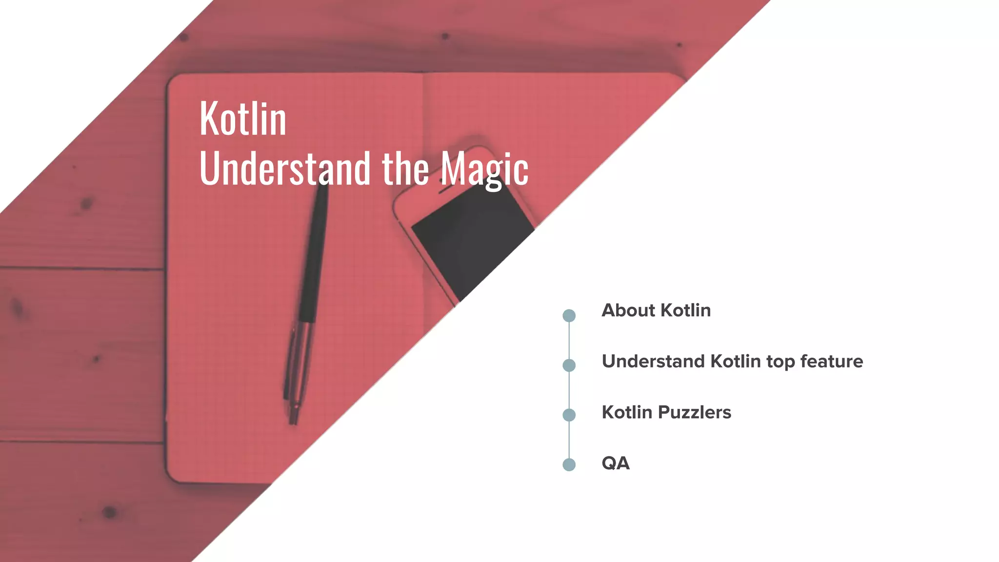 About Kotlin
Understand Kotlin top feature
Kotlin Puzzlers
QA
Kotlin
Understand the Magic
 
