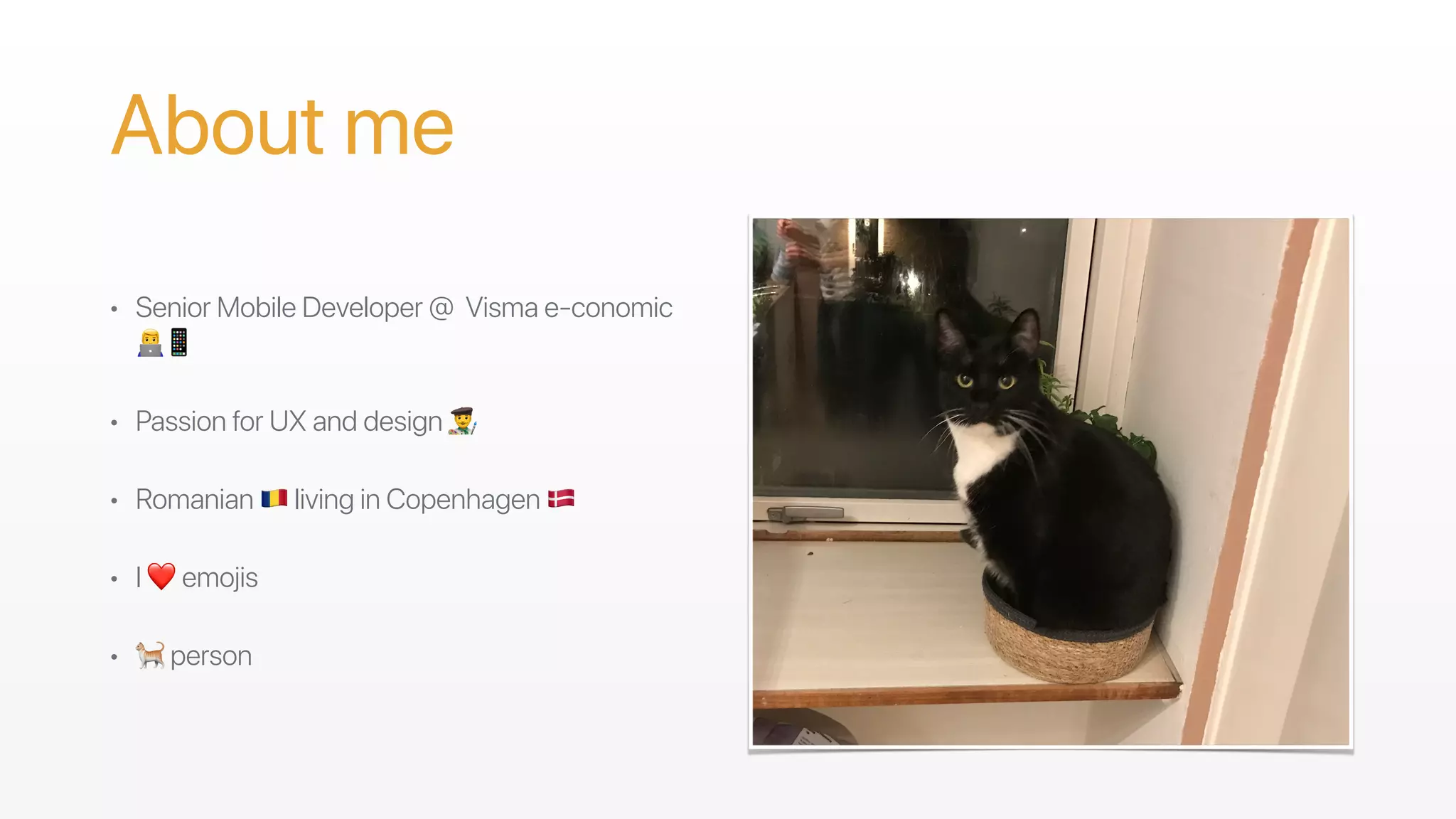 About me
• Senior Mobile Developer @ Visma e-conomic
👨💻📱
• Passion for UX and design 👨🎨
• Romanian 🇷🇴 living in Copenhagen 🇩🇰
• I ❤ emojis
• 🐈 person
 