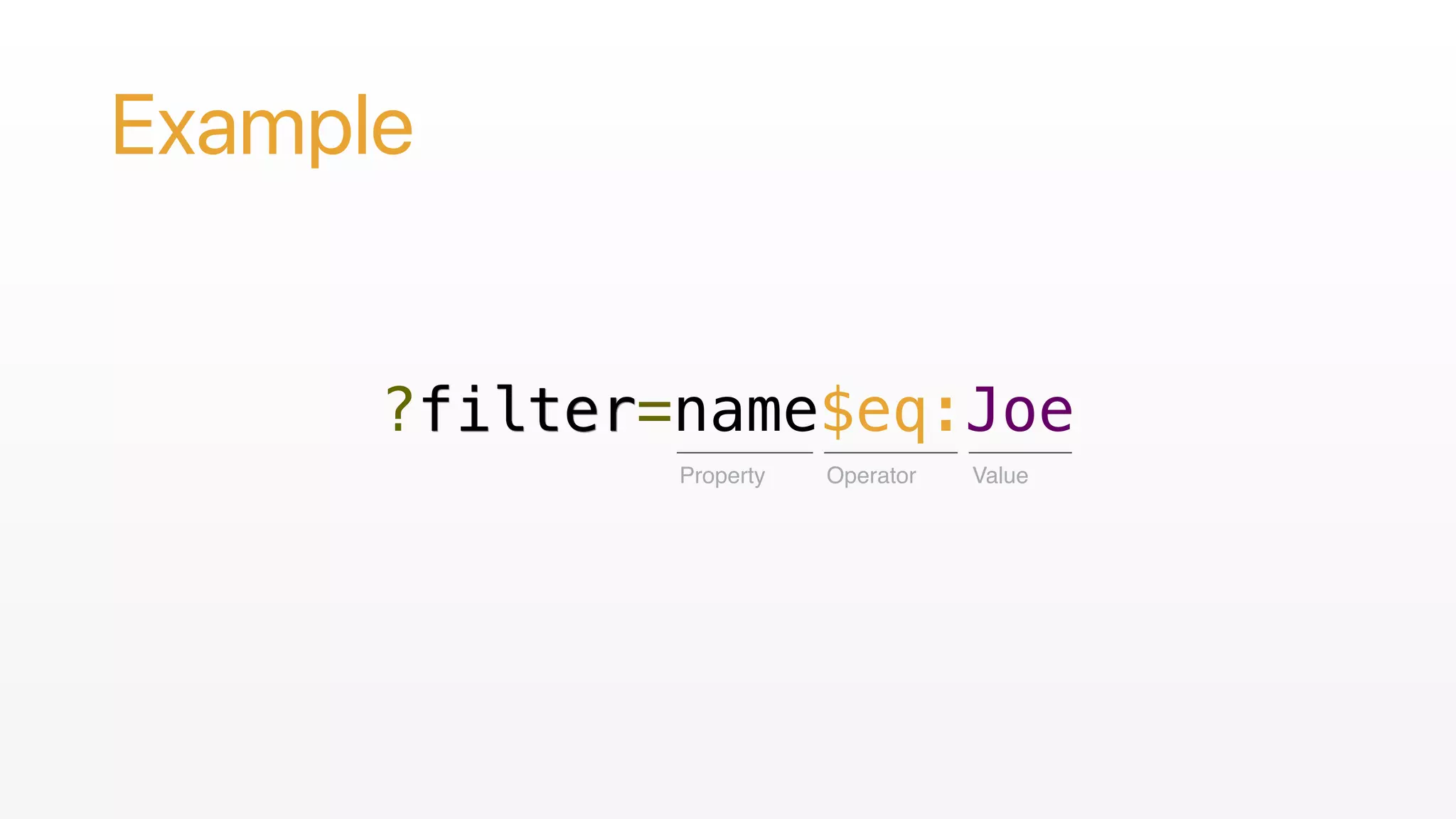 Example
?filter=name$eq:Joe
Property Operator Value
 