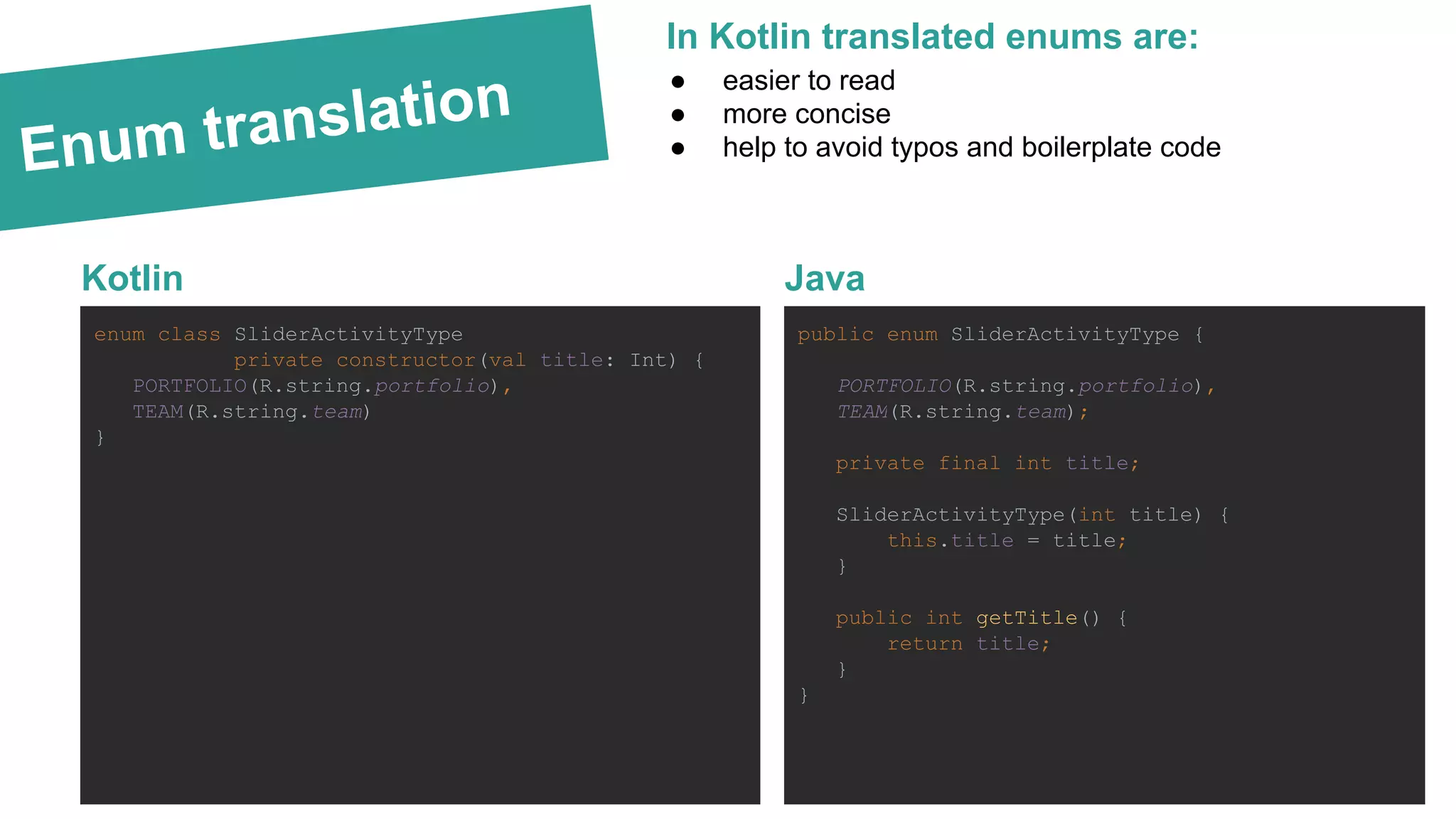 Enum translation Kotlin enum class SliderActivityType private constructor(val title: Int) { PORTFOLIO(R.string.portfolio), TEAM(R.string.team) } Java public enum SliderActivityType { PORTFOLIO(R.string.portfolio), TEAM(R.string.team); private final int title; SliderActivityType(int title) { this.title = title; } public int getTitle() { return title; } } ● easier to read ● more concise ● help to avoid typos and boilerplate code In Kotlin translated enums are: 